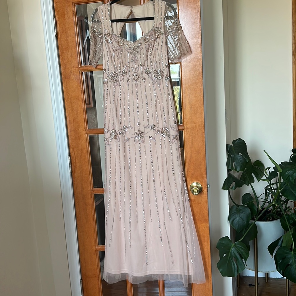 Adriana Papell Blush Rose Beaded Short Sleeve Sweetheart Neck Gown